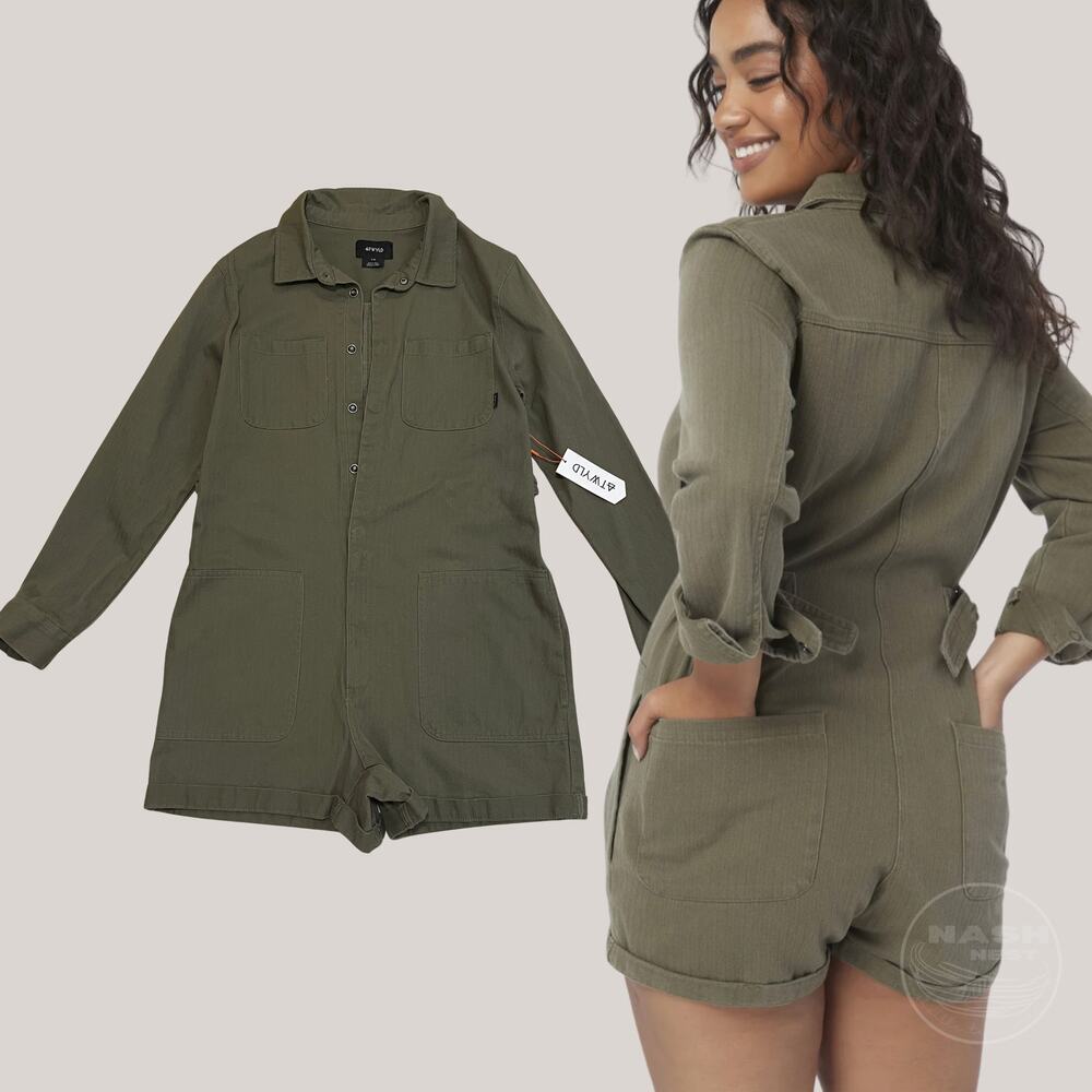 Atwyld Jumpsuit Olive Green | No Service Cotton Utility Romper Large NWT